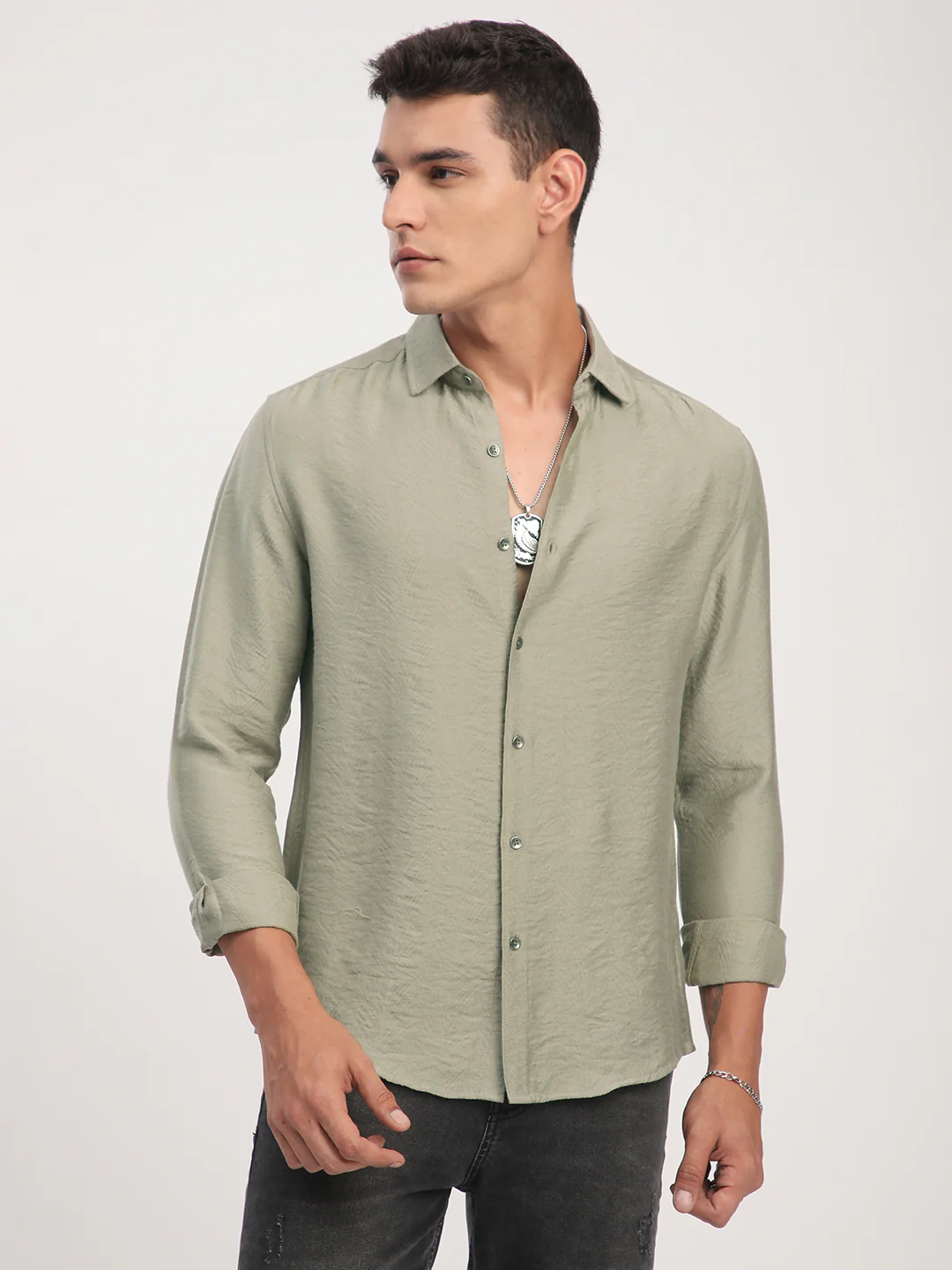 Dusty Olive Rhythmic Wave Textured Shirt - Image 5