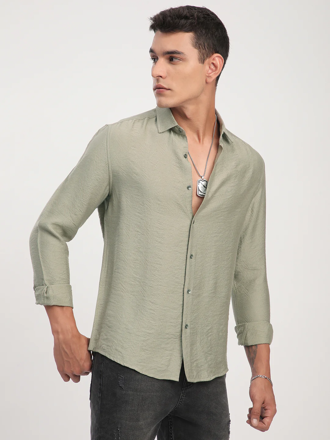 Dusty Olive Rhythmic Wave Textured Shirt - Image 6