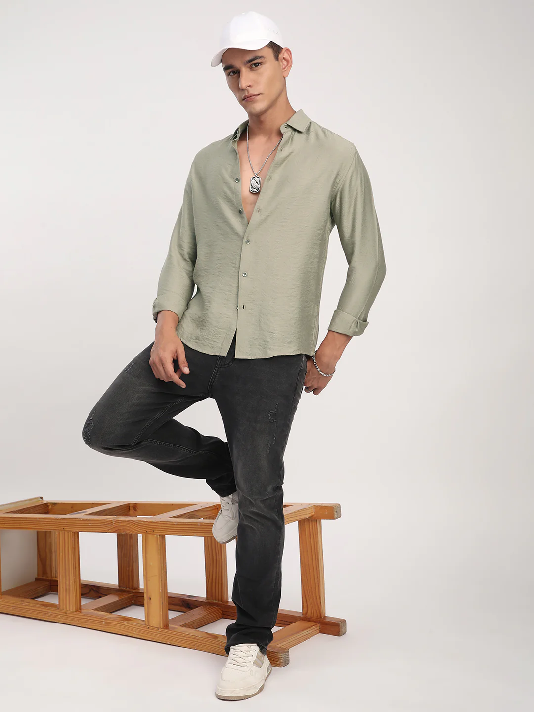 Dusty Olive Rhythmic Wave Textured Shirt - Image 8