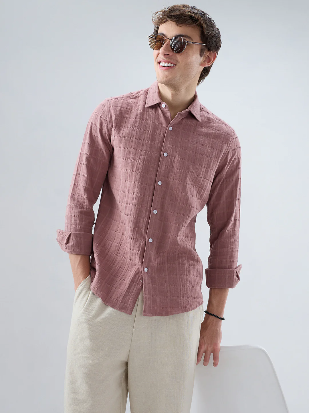 Dusty Peach Box Weave Seersucker Double Cloth Shirt - Image 4