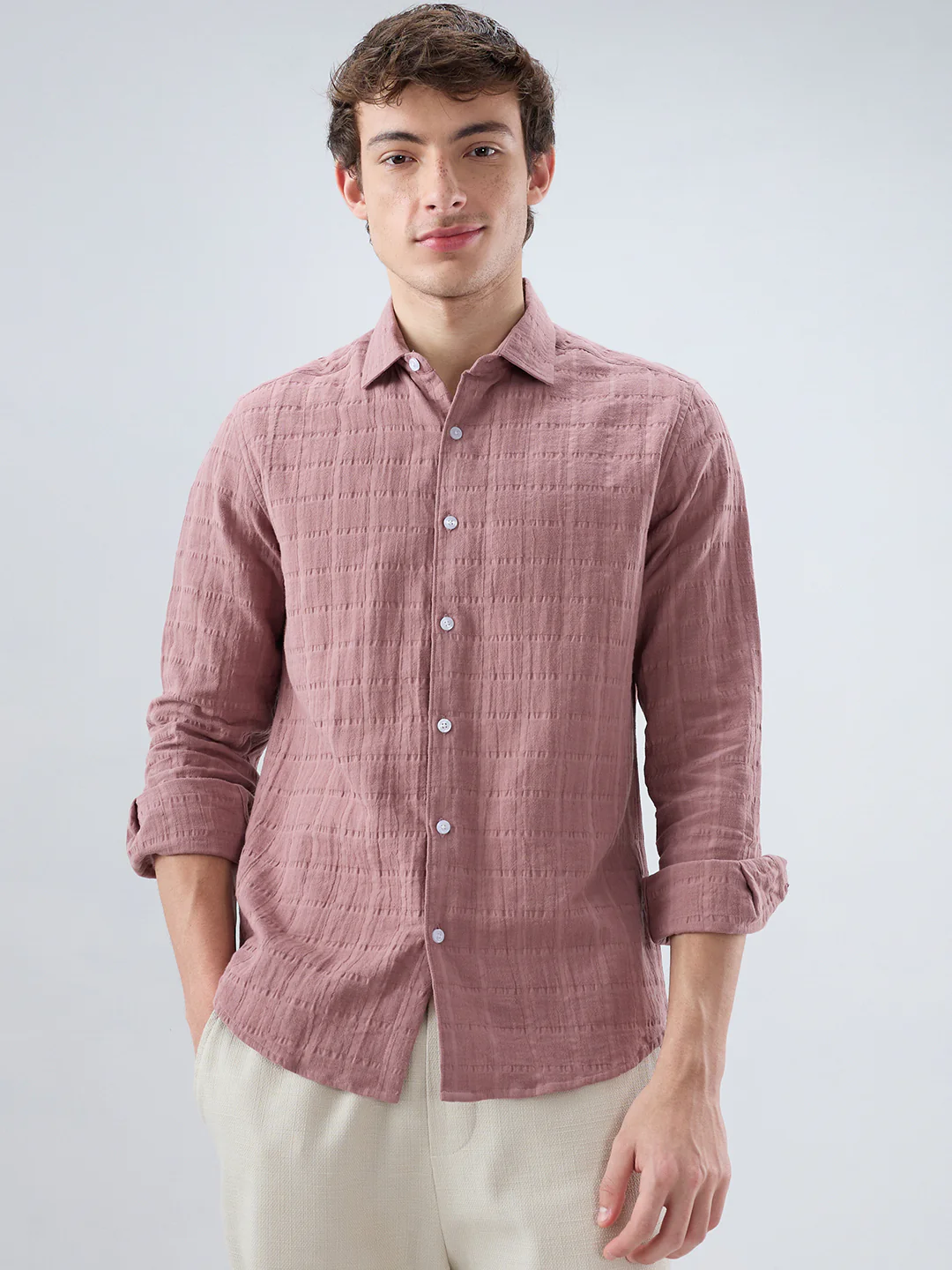 Dusty Peach Box Weave Seersucker Double Cloth Shirt - Image 5