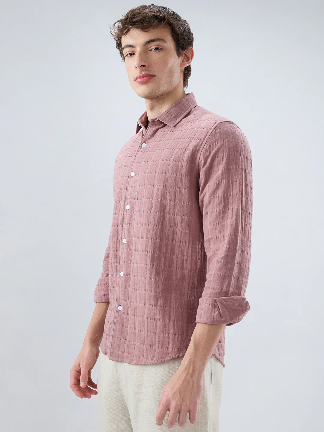 Dusty Peach Box Weave Seersucker Double Cloth Shirt - Image 6