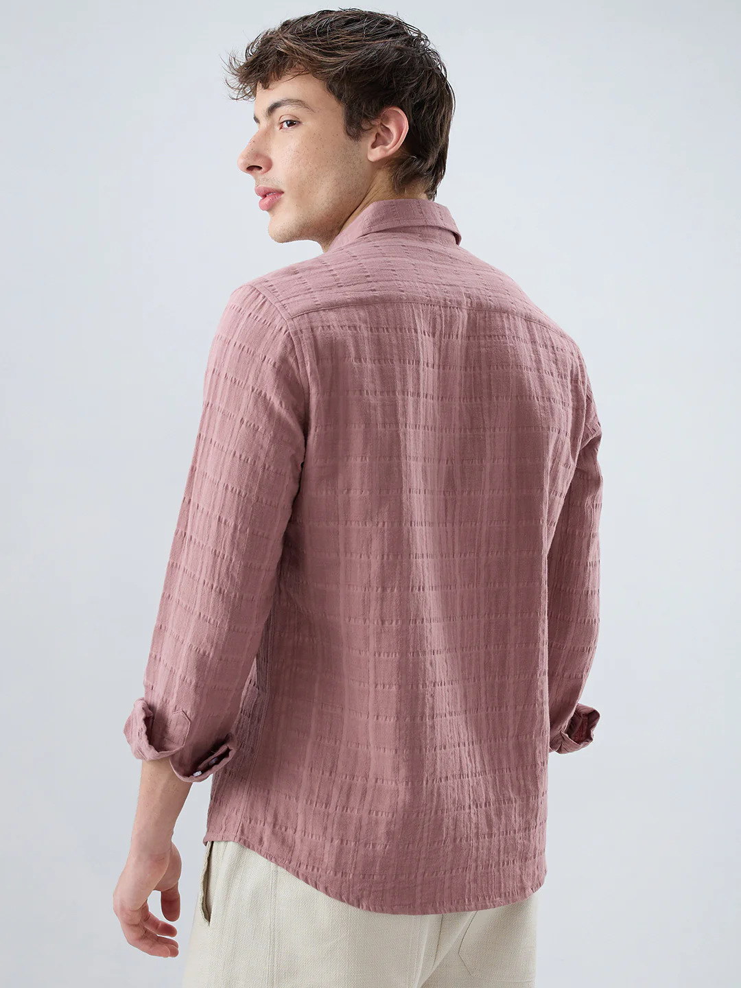 Dusty Peach Box Weave Seersucker Double Cloth Shirt - Image 7