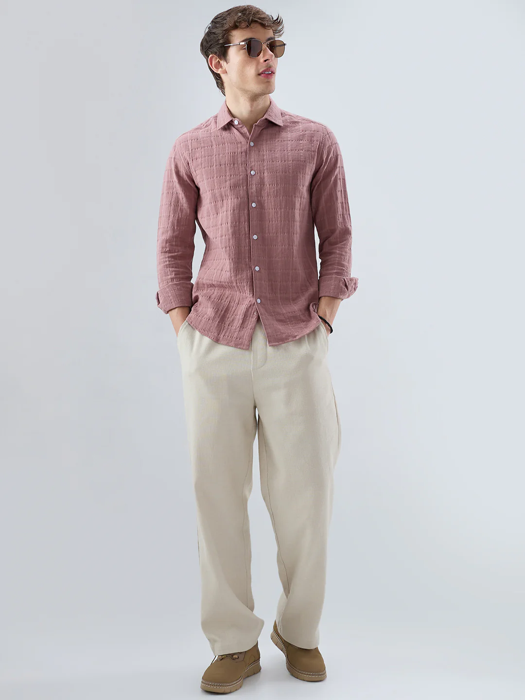 Dusty Peach Box Weave Seersucker Double Cloth Shirt - Image 8