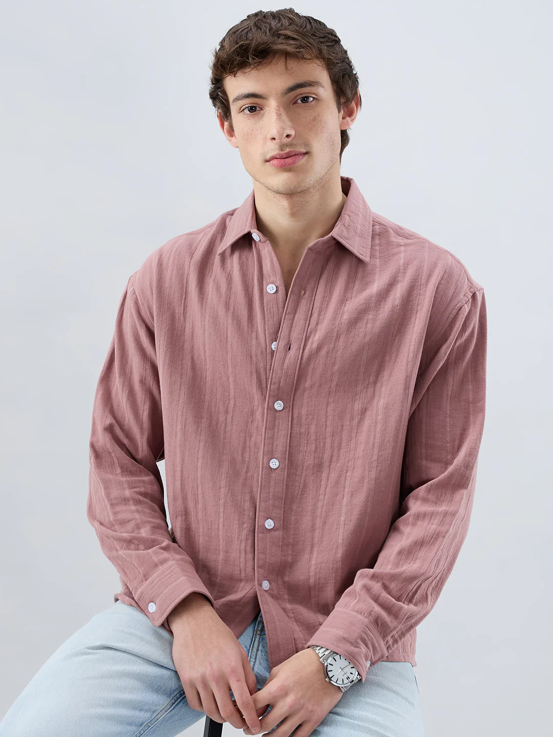 Dusty Peach Double Cloth Seersucker Striped Boxy Fit Crop Shirt - Image 2