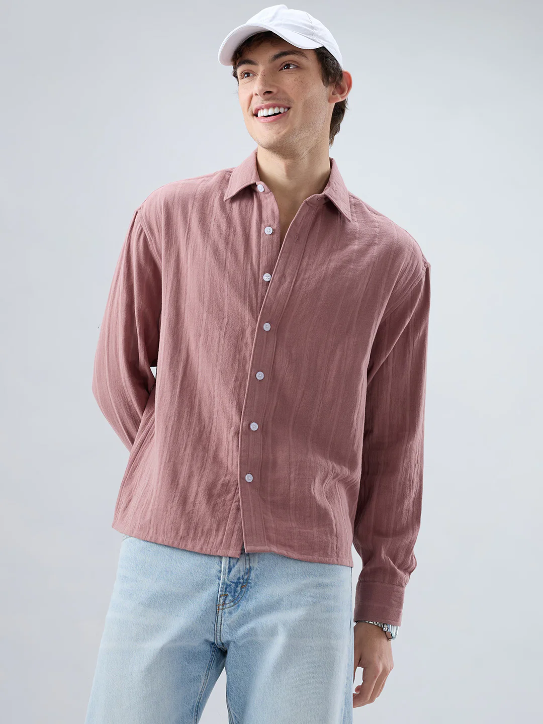 Dusty Peach Double Cloth Seersucker Striped Boxy Fit Crop Shirt - Image 4