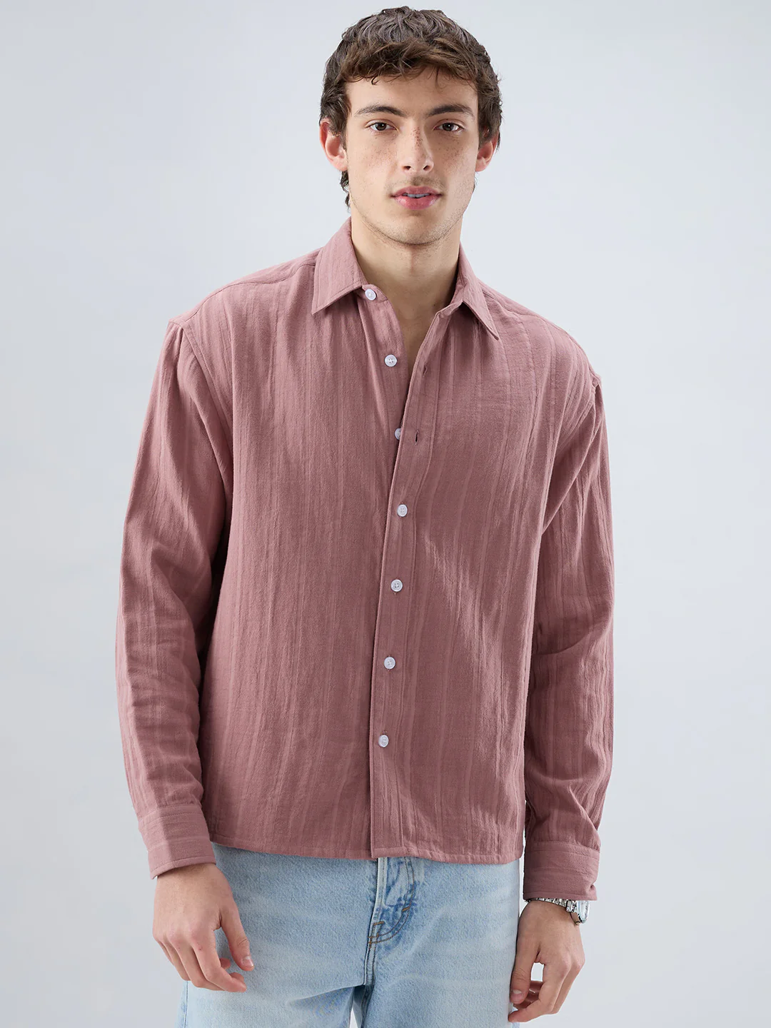Dusty Peach Double Cloth Seersucker Striped Boxy Fit Crop Shirt - Image 5