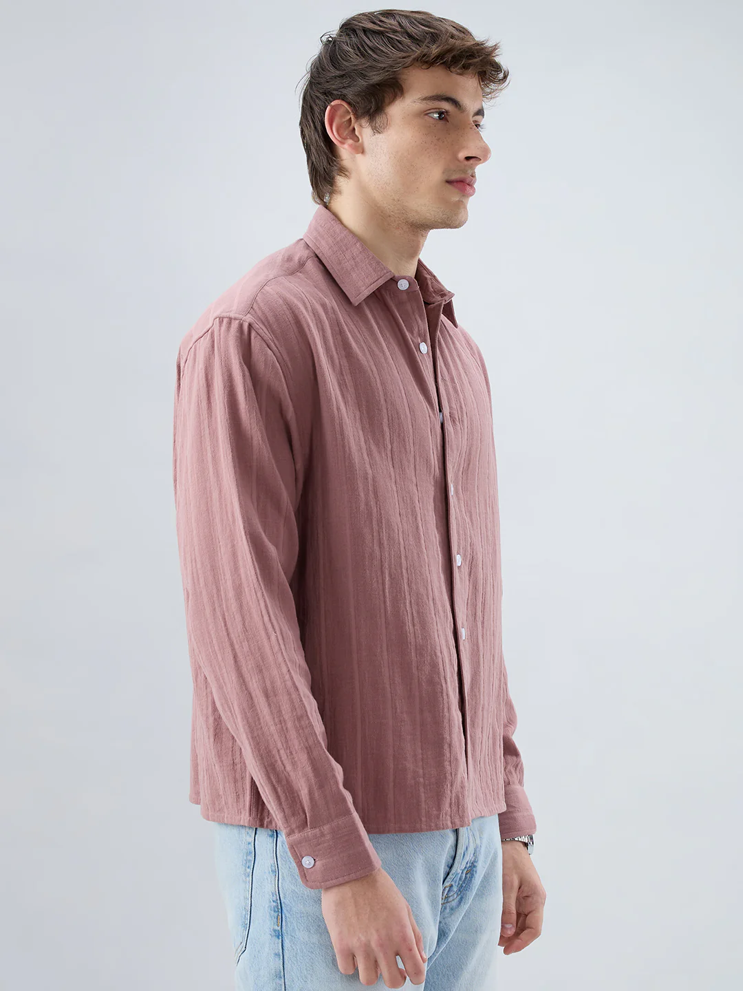 Dusty Peach Double Cloth Seersucker Striped Boxy Fit Crop Shirt - Image 6