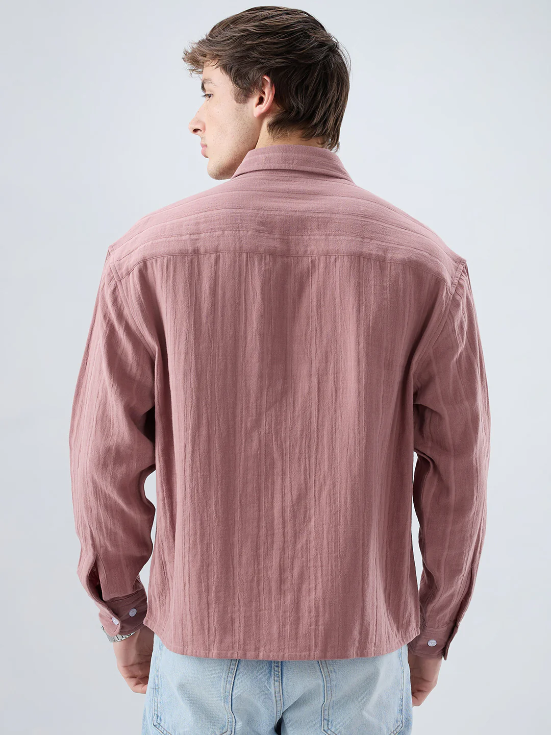 Dusty Peach Double Cloth Seersucker Striped Boxy Fit Crop Shirt - Image 7