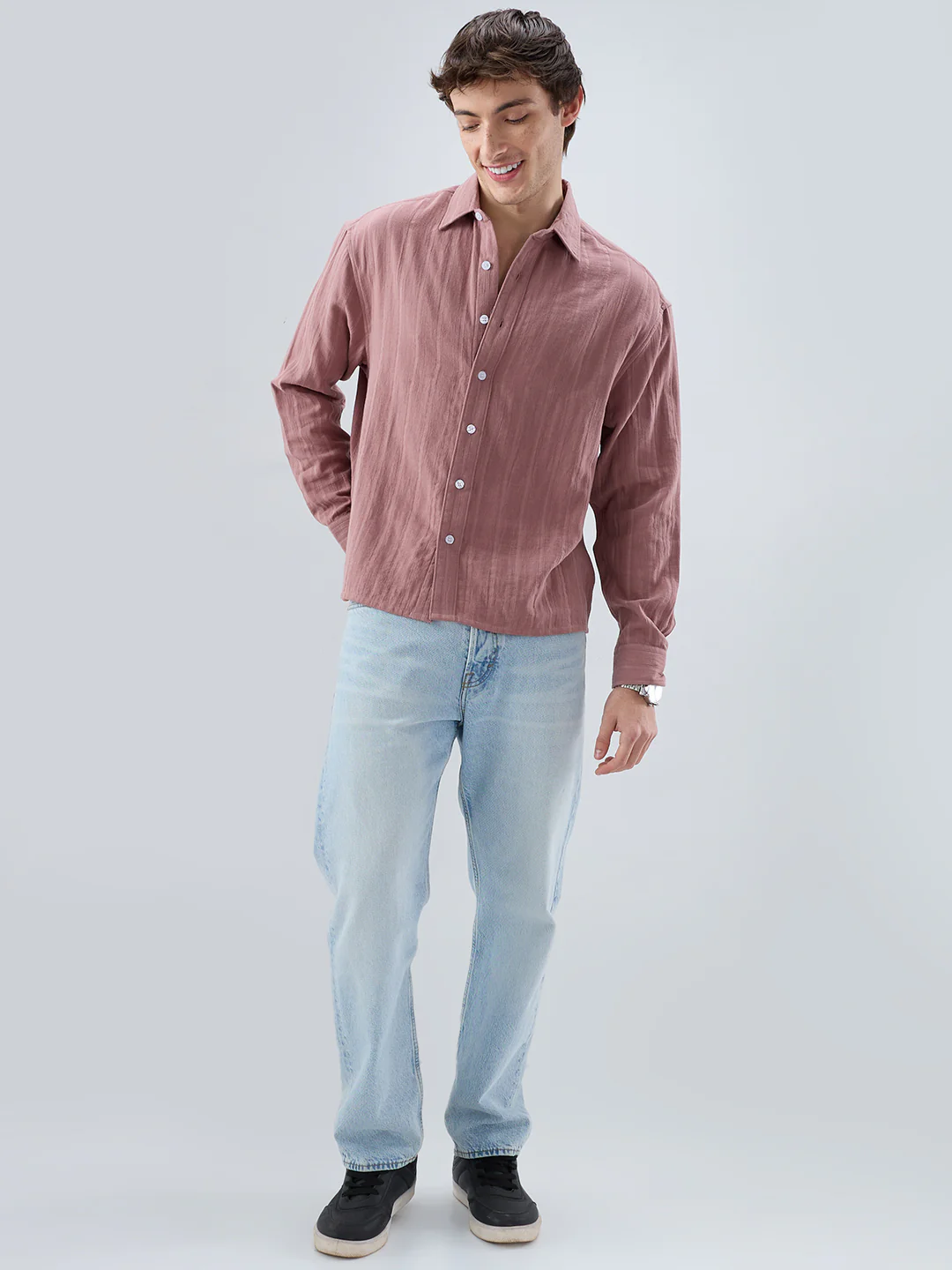 Dusty Peach Double Cloth Seersucker Striped Boxy Fit Crop Shirt - Image 8
