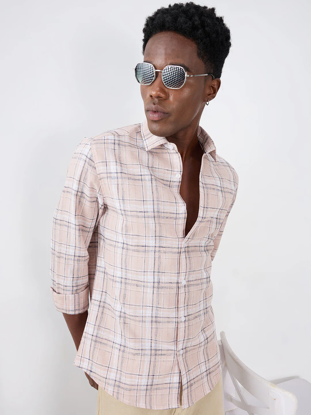 Dusty Pink Contrast Plaid Checks Textured Shirt - Image 4
