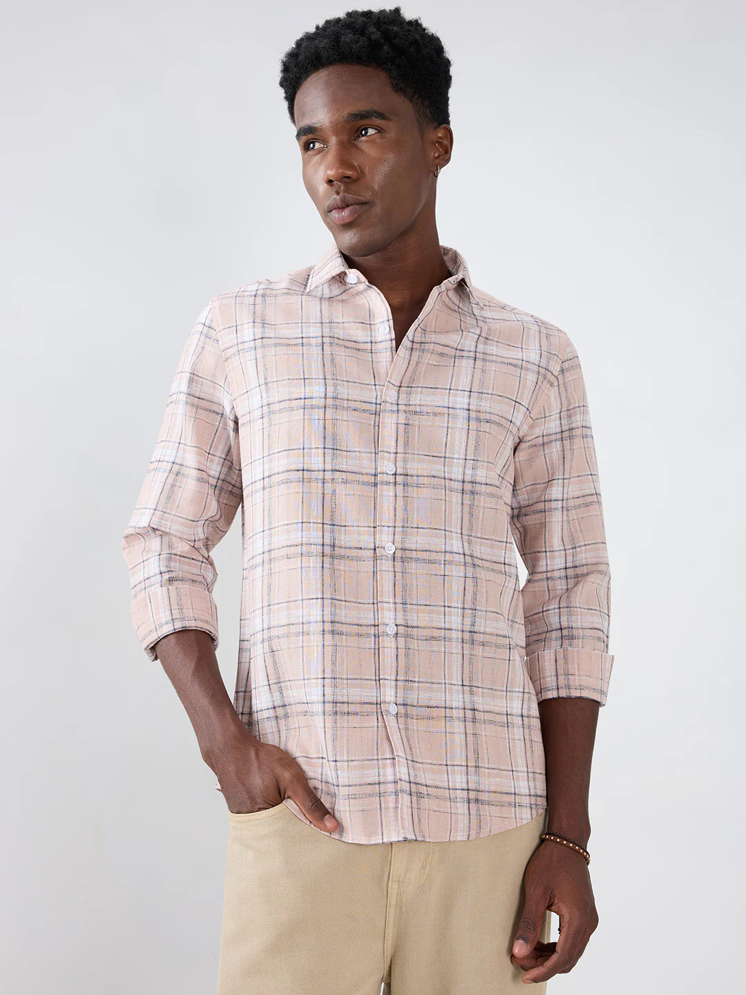 Dusty Pink Contrast Plaid Checks Textured Shirt - Image 5