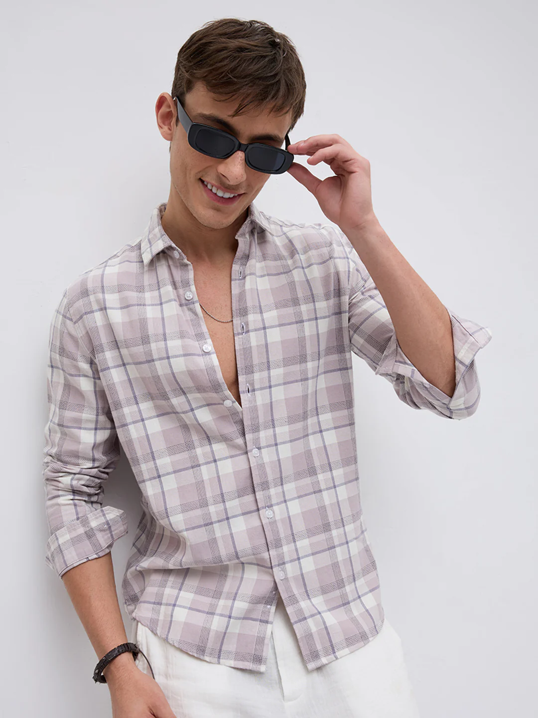 Dusty Pink Micro Herringbone Windowpane Checks Shirt - Image 2