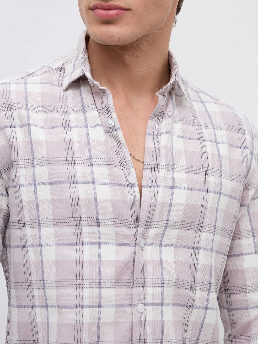 Dusty Pink Micro Herringbone Windowpane Checks Shirt - Image 3