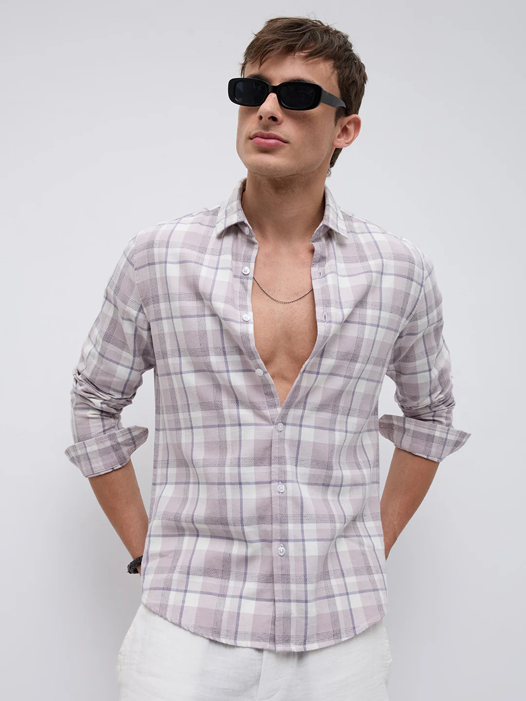 Dusty Pink Micro Herringbone Windowpane Checks Shirt - Image 4