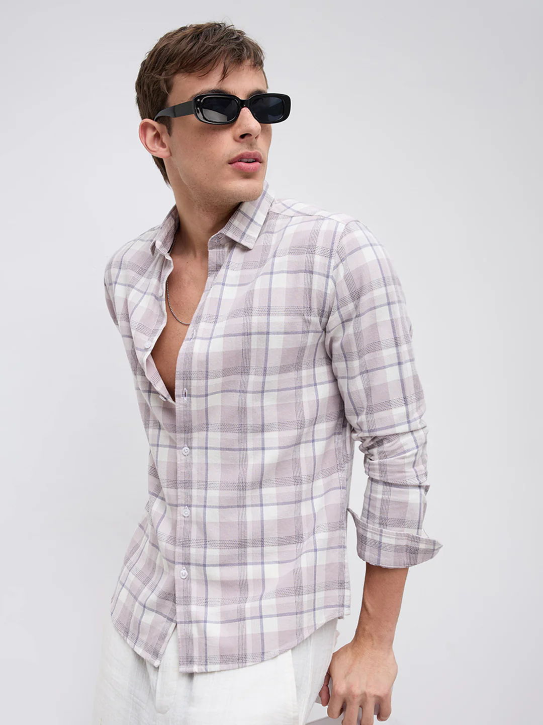 Dusty Pink Micro Herringbone Windowpane Checks Shirt - Image 5