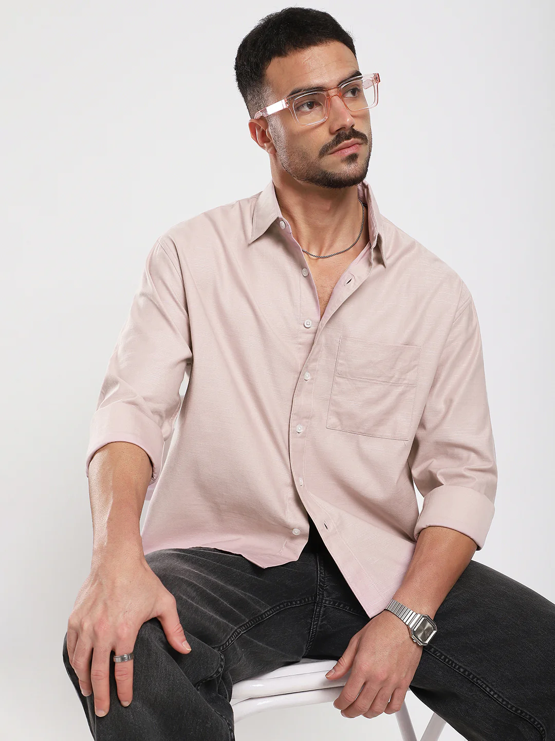 Dusty Pink Refined Slub Textured Boxy Fit Crop Shirt - Image 2