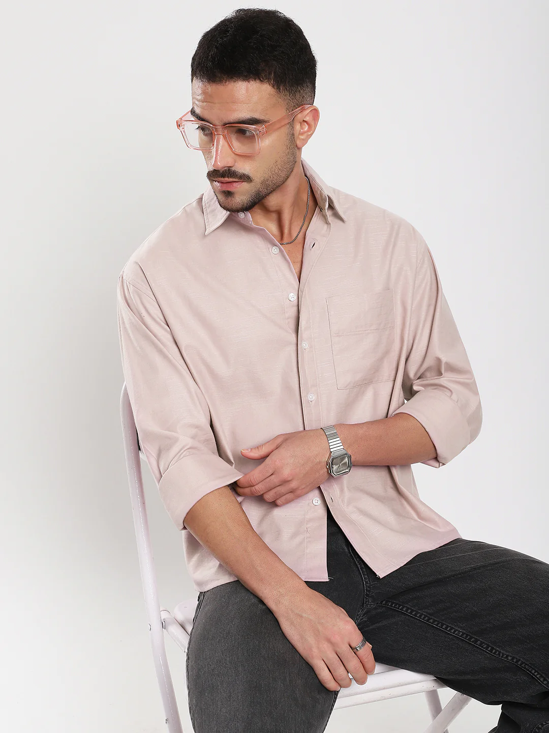 Dusty Pink Refined Slub Textured Boxy Fit Crop Shirt - Image 4