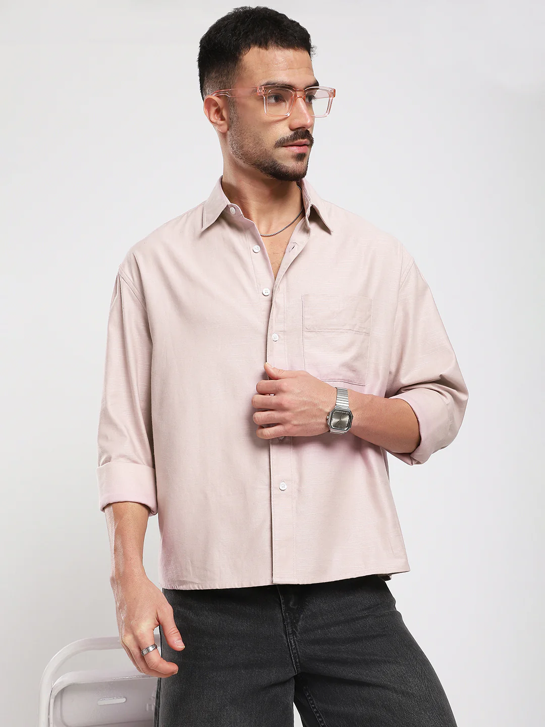 Dusty Pink Refined Slub Textured Boxy Fit Crop Shirt - Image 5