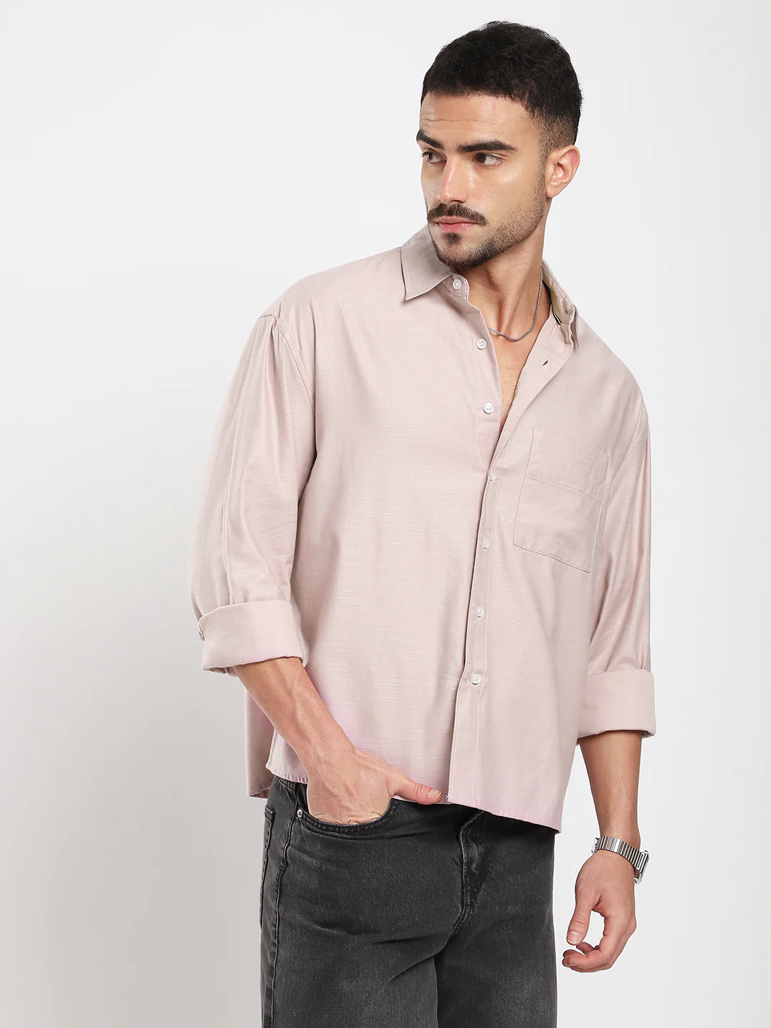 Dusty Pink Refined Slub Textured Boxy Fit Crop Shirt - Image 6