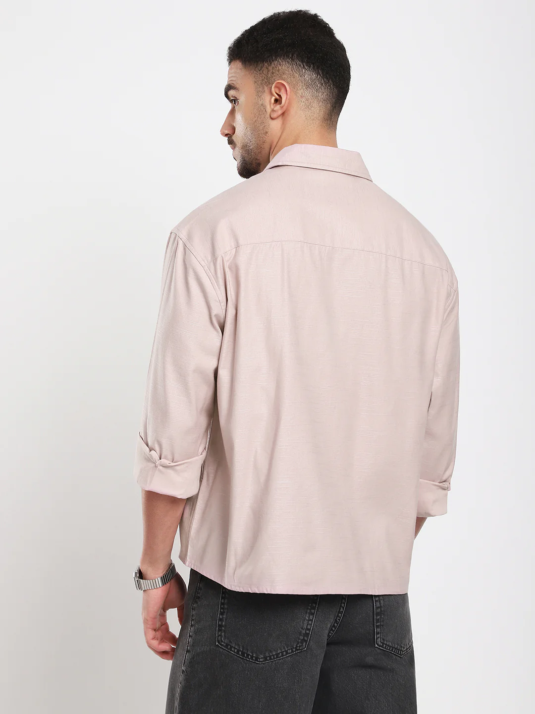 Dusty Pink Refined Slub Textured Boxy Fit Crop Shirt - Image 7