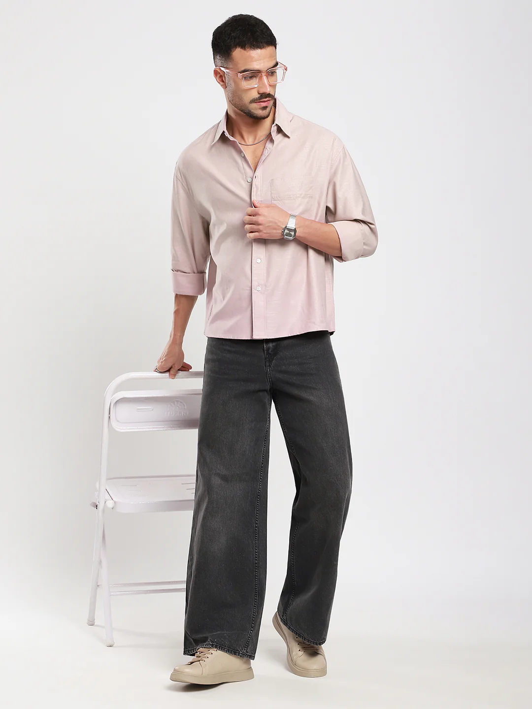Dusty Pink Refined Slub Textured Boxy Fit Crop Shirt - Image 8