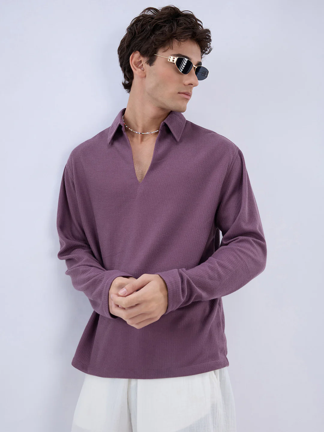 Dusty Purple Micro Weave Knitted Oversized Polo Shirt - Image 2