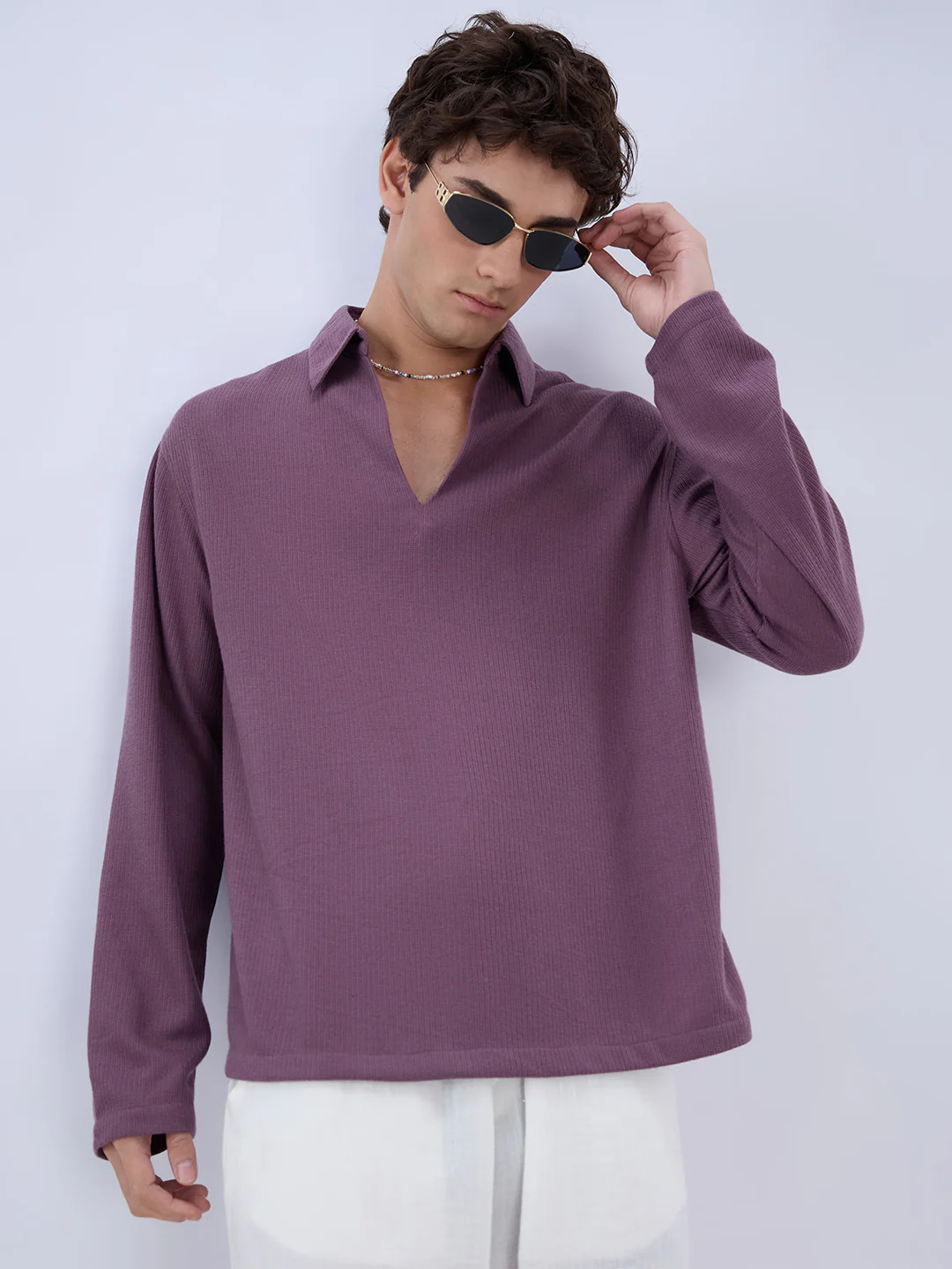 Dusty Purple Micro Weave Knitted Oversized Polo Shirt - Image 4