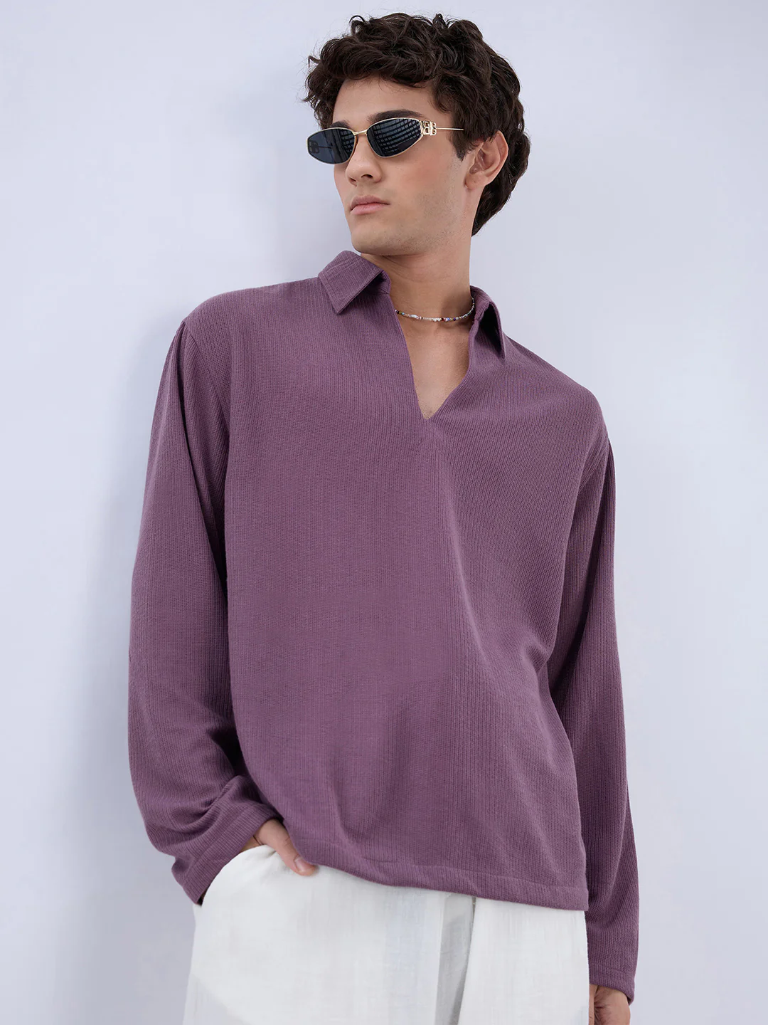 Dusty Purple Micro Weave Knitted Oversized Polo Shirt - Image 5