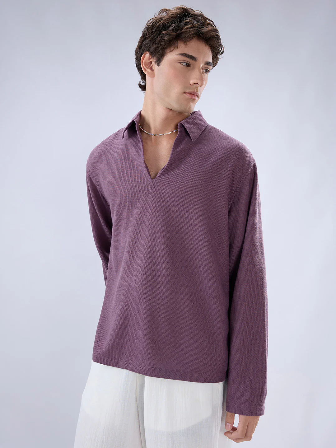 Dusty Purple Micro Weave Knitted Oversized Polo Shirt - Image 6