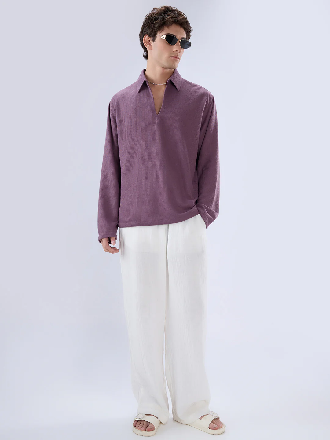 Dusty Purple Micro Weave Knitted Oversized Polo Shirt - Image 8