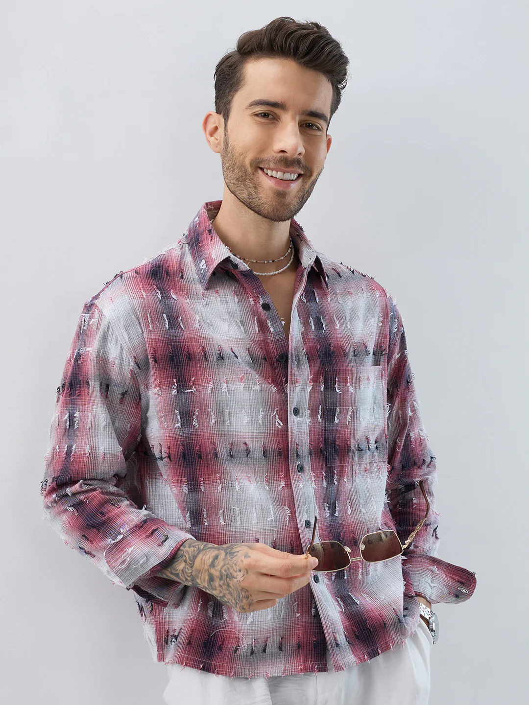 Dusty Red & Grey Distressed Checks Boxy Fit Crop Shirt - Image 2