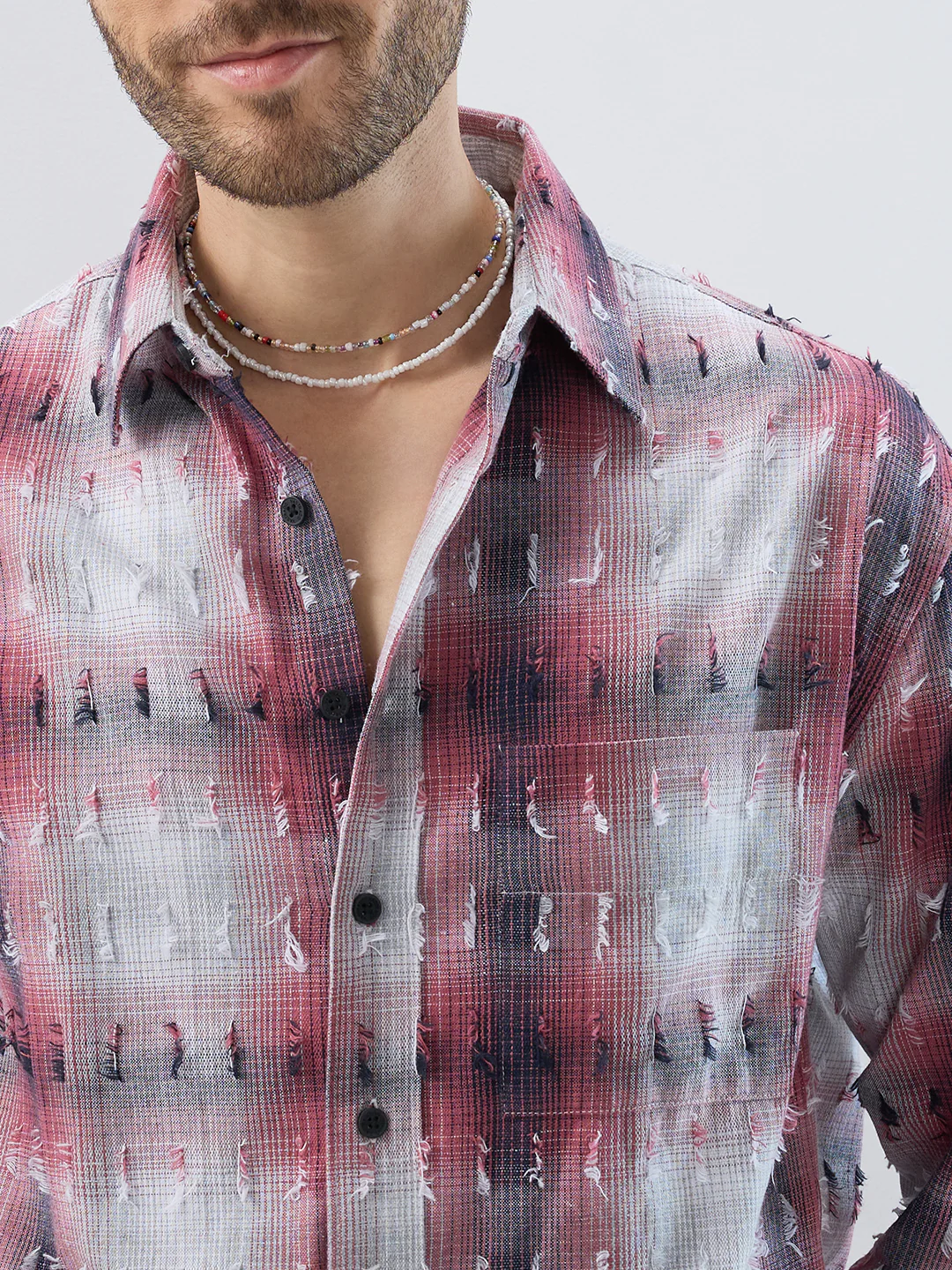 Dusty Red & Grey Distressed Checks Boxy Fit Crop Shirt - Image 3