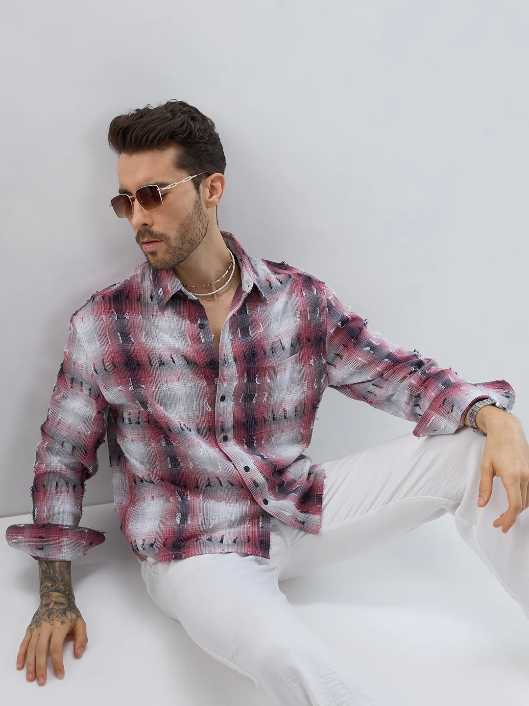 Dusty Red & Grey Distressed Checks Boxy Fit Crop Shirt - Image 4