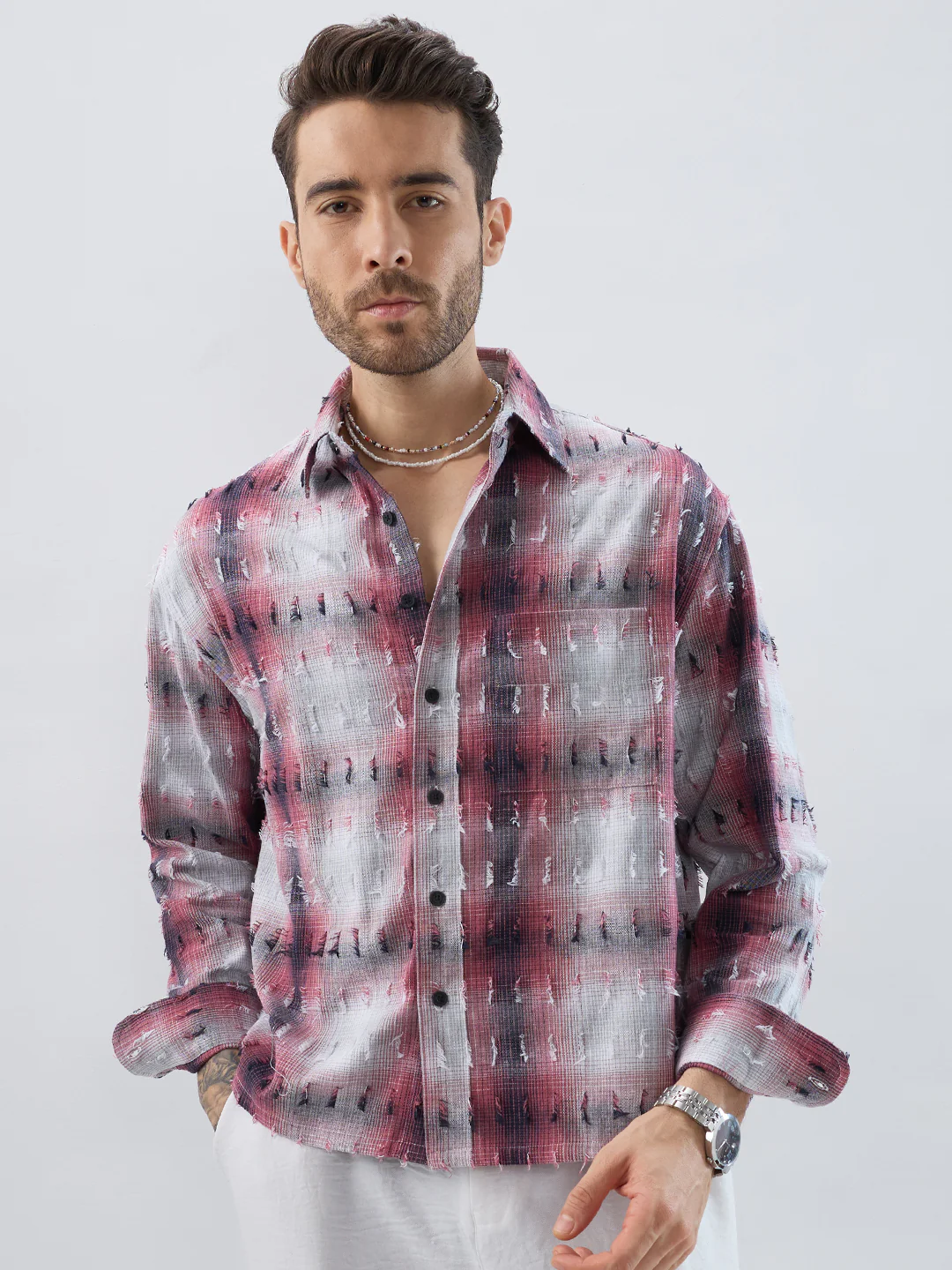 Dusty Red & Grey Distressed Checks Boxy Fit Crop Shirt - Image 5