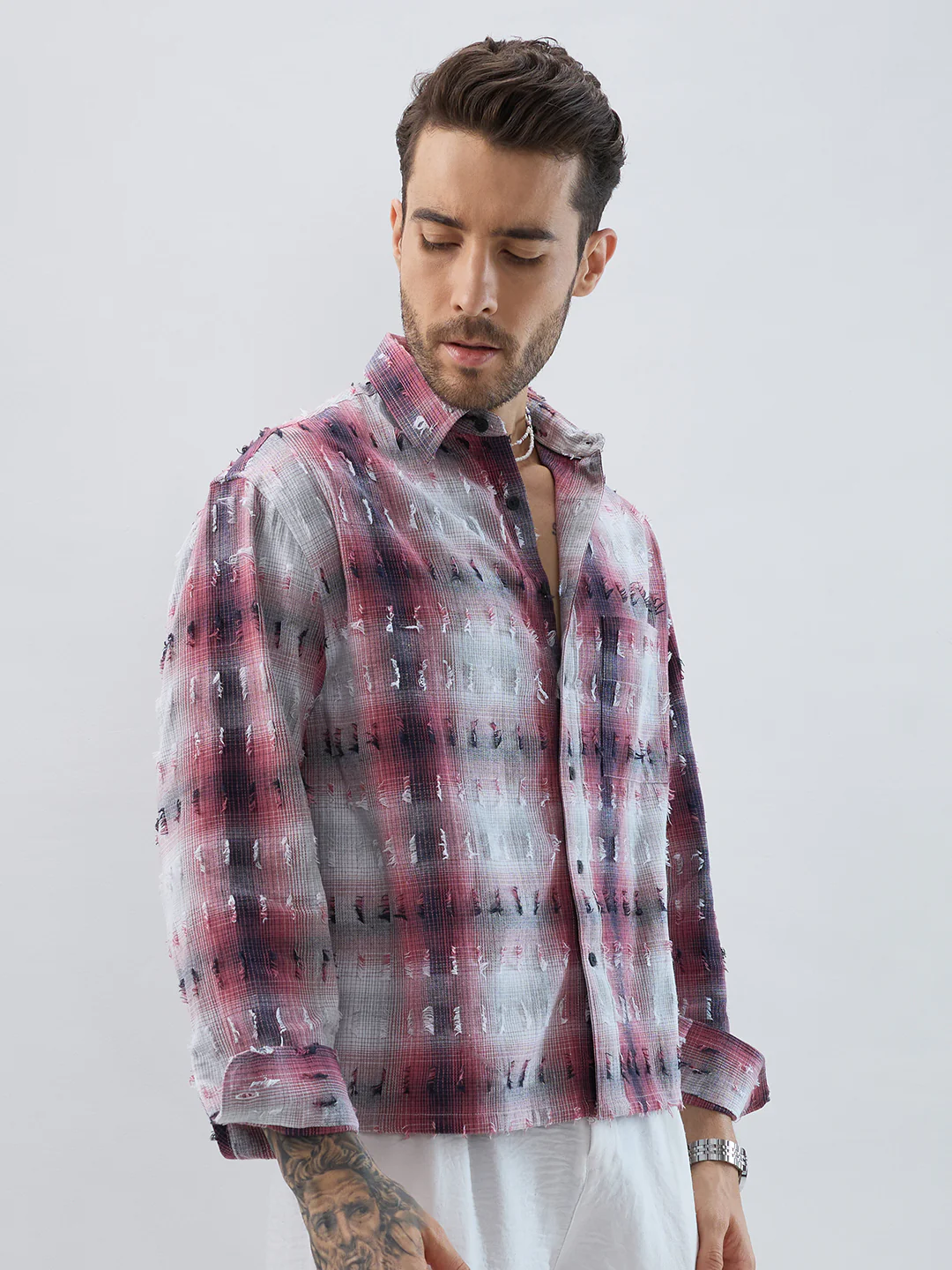 Dusty Red & Grey Distressed Checks Boxy Fit Crop Shirt - Image 6