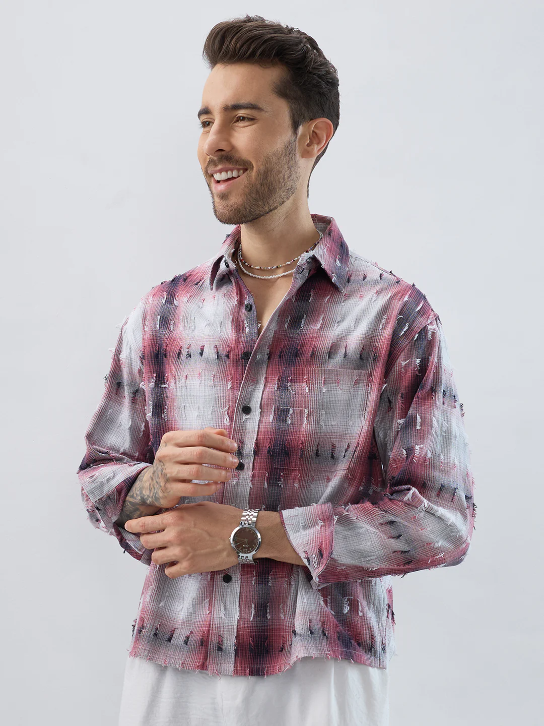 Dusty Red & Grey Distressed Checks Boxy Fit Crop Shirt - Image 7