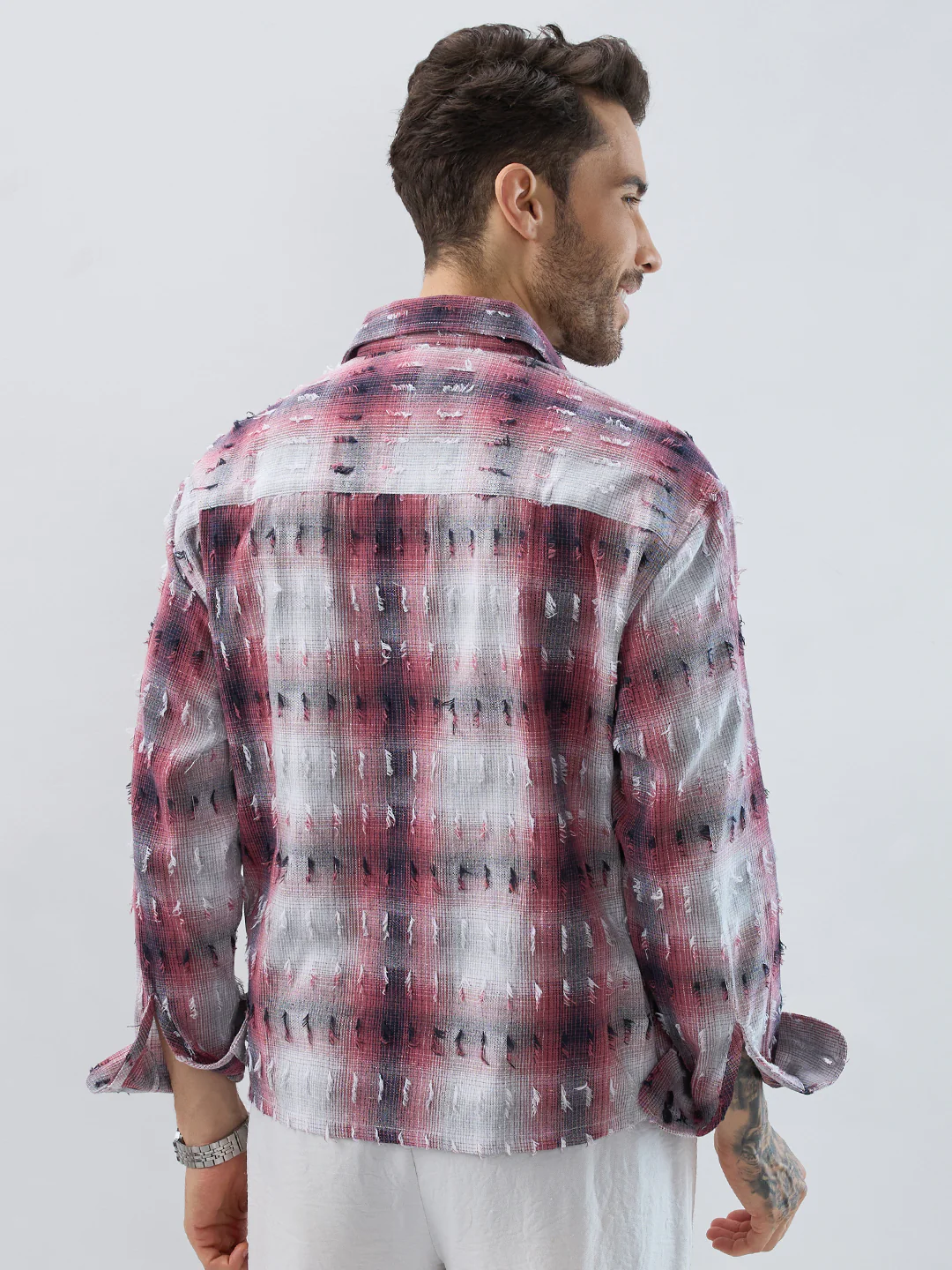 Dusty Red & Grey Distressed Checks Boxy Fit Crop Shirt - Image 8