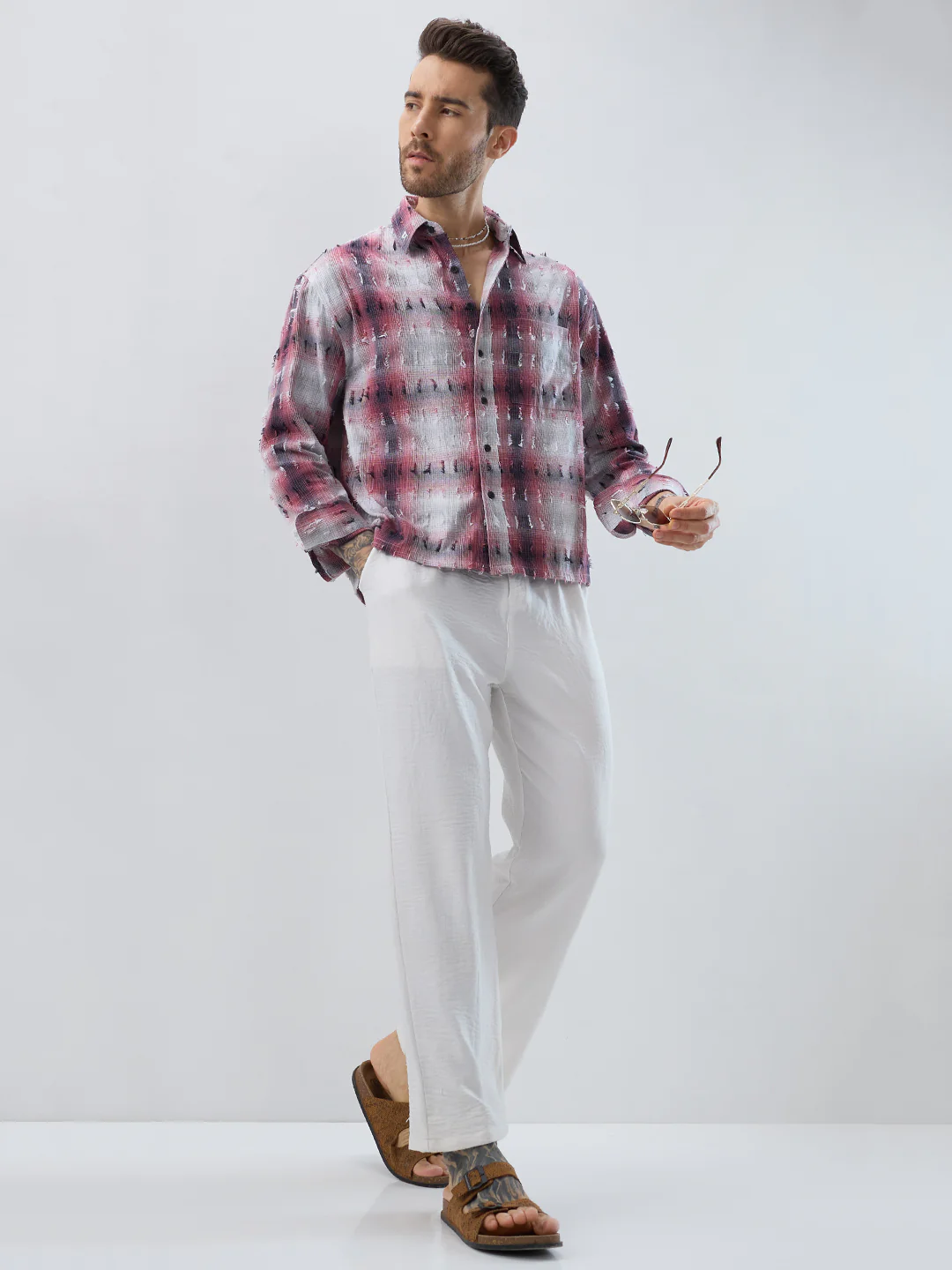 Dusty Red & Grey Distressed Checks Boxy Fit Crop Shirt - Image 9