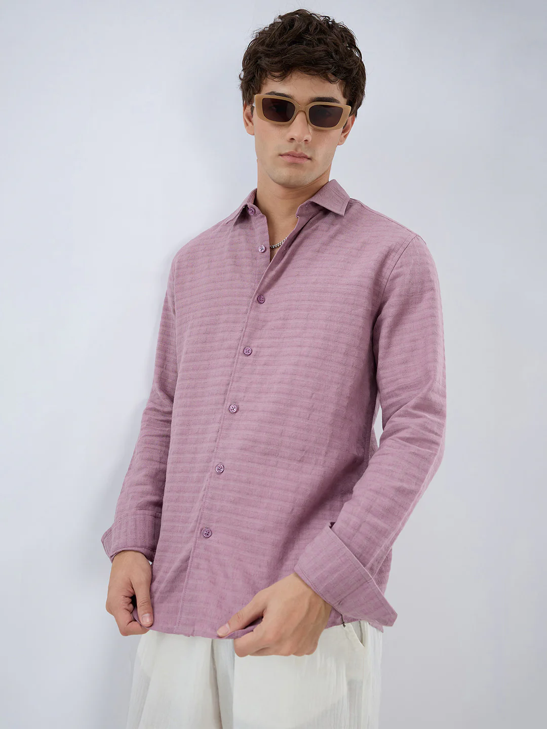 Dusty Rose Horizontal Textured Striped Shirt - Image 2