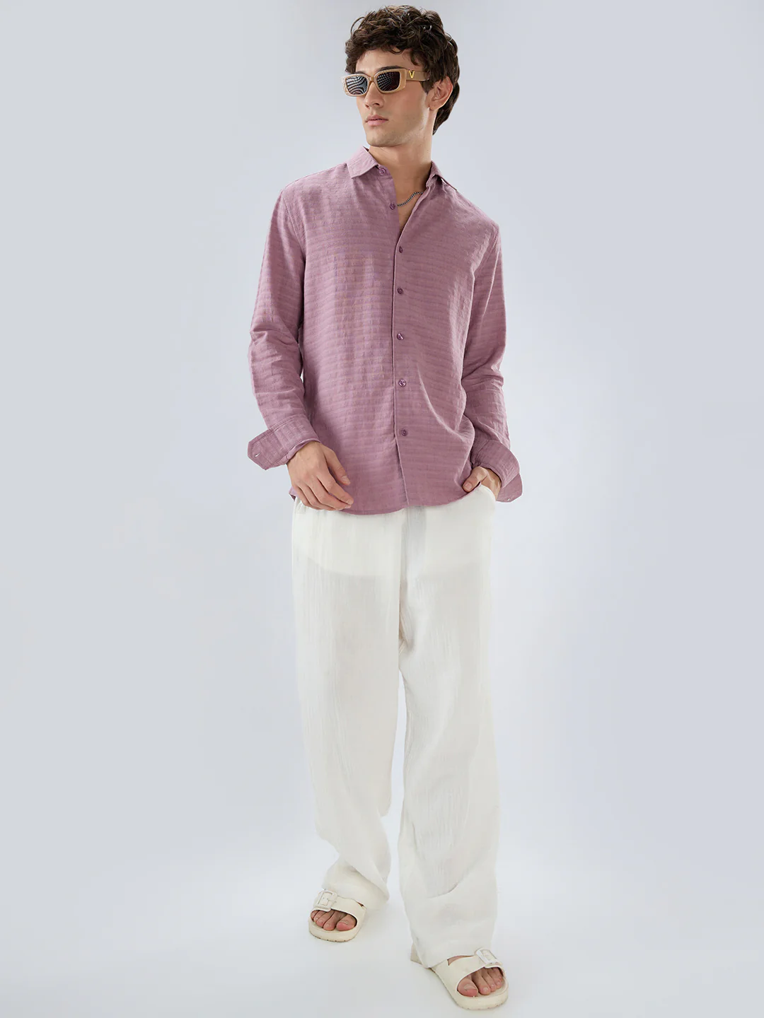 Dusty Rose Horizontal Textured Striped Shirt - Image 8