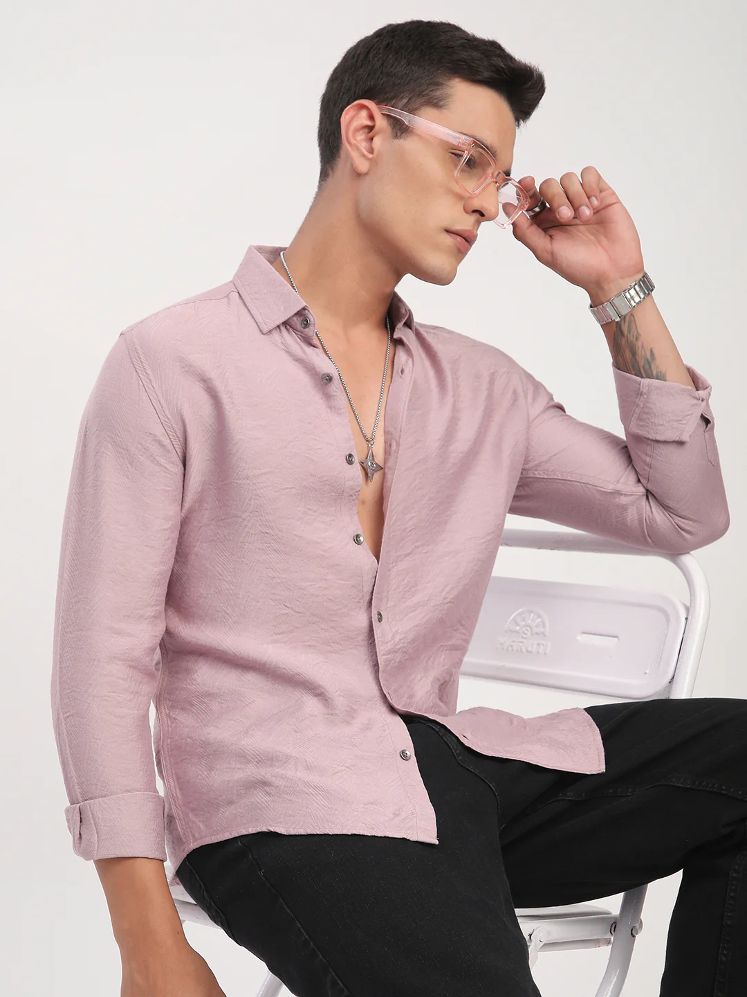 Dusty Rose Pink Rhythmic Wave Jacquard Shirt - Image 4