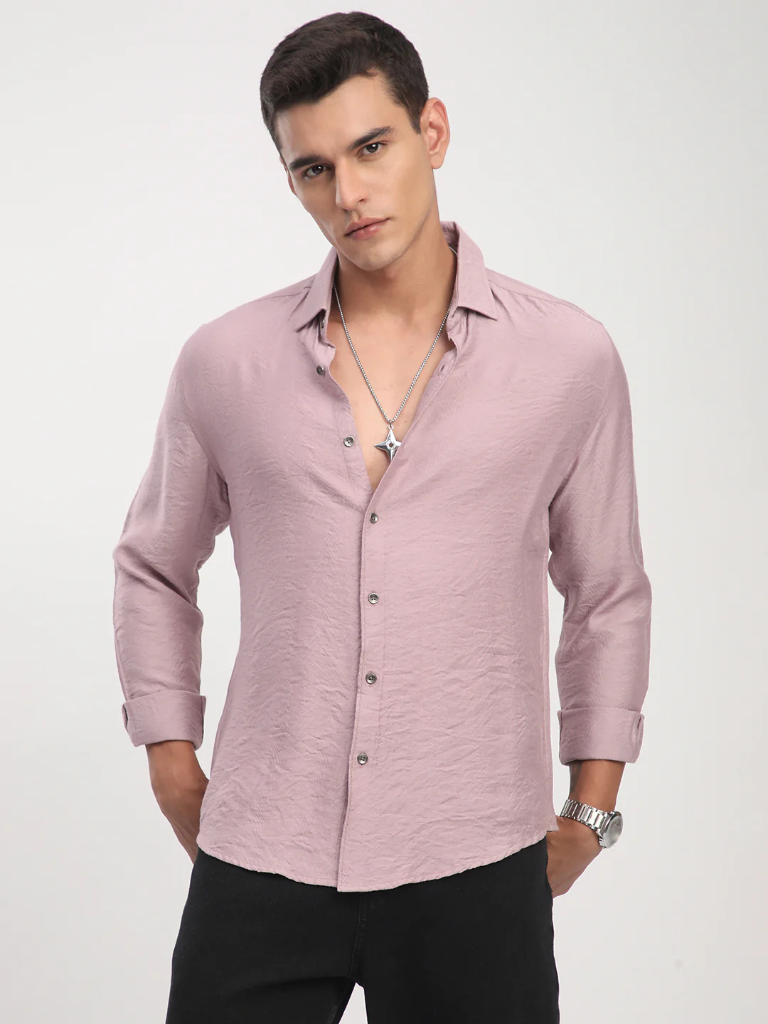 Dusty Rose Pink Rhythmic Wave Jacquard Shirt - Image 5