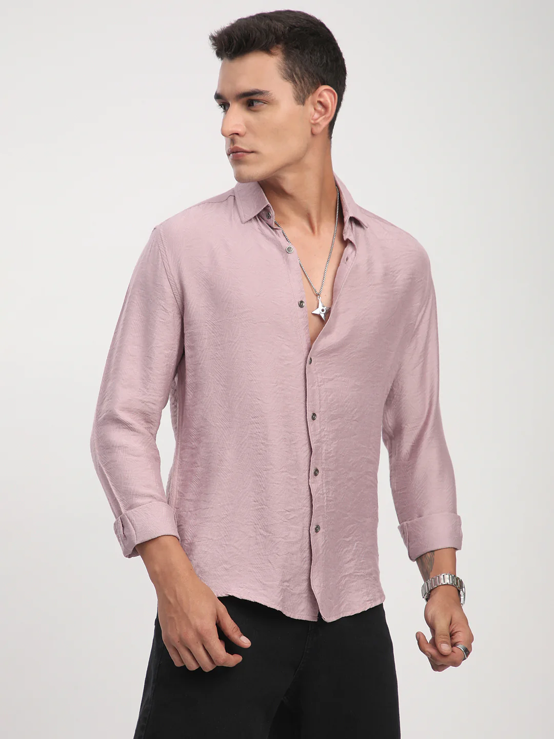 Dusty Rose Pink Rhythmic Wave Jacquard Shirt - Image 6