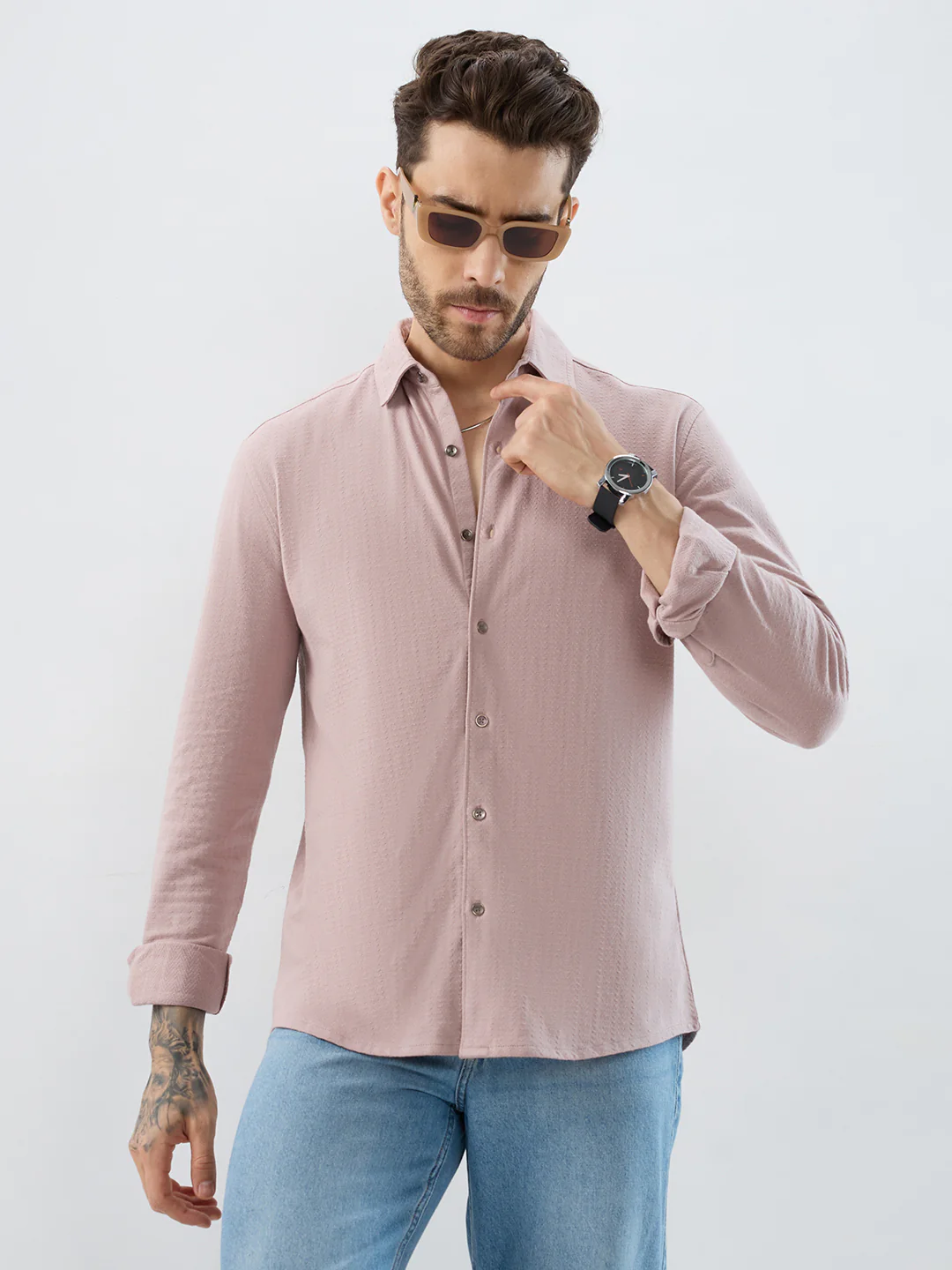 Dusty Rose Pink Textured Knit Shirt - Image 4