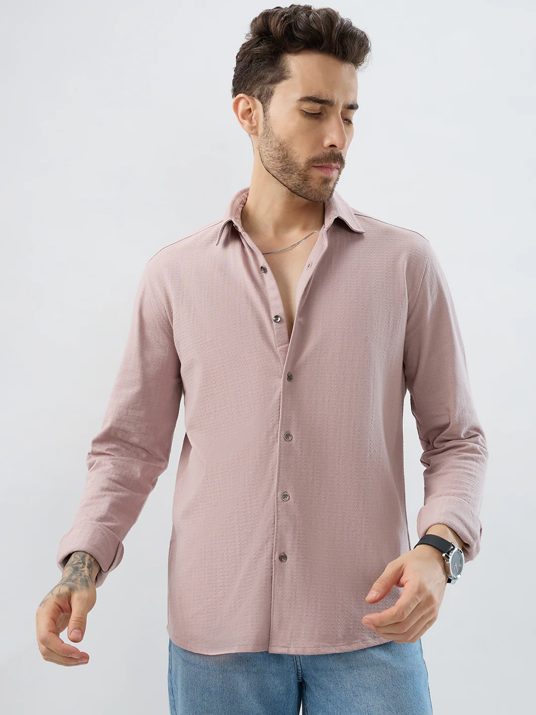 Dusty Rose Pink Textured Knit Shirt - Image 5