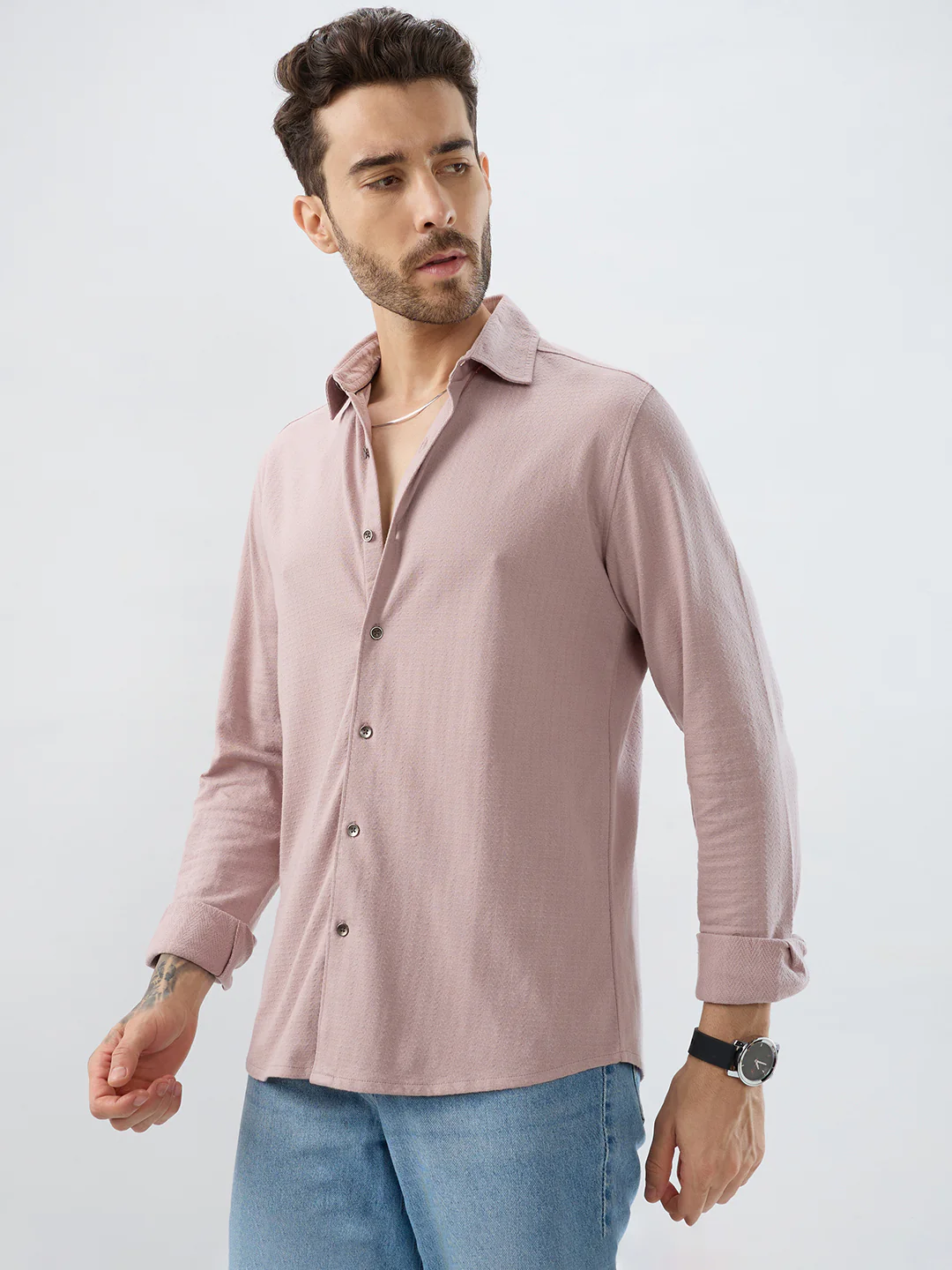 Dusty Rose Pink Textured Knit Shirt - Image 7