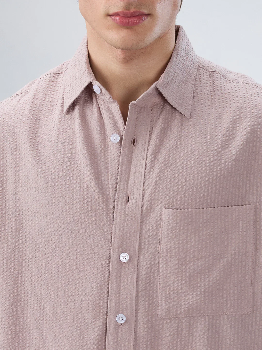 Dusty Rose Seersucker Boxy Fit Crop Shirt - Image 3