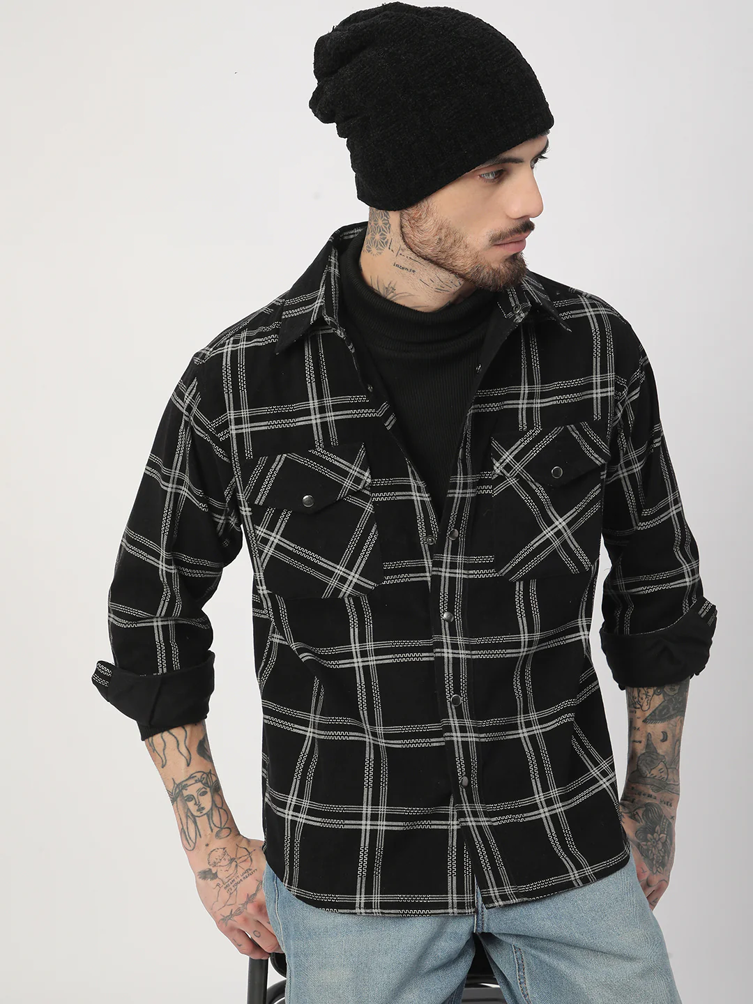 Elan Black Checks Double Flap Pocket Corduroy Overshirt - Image 2