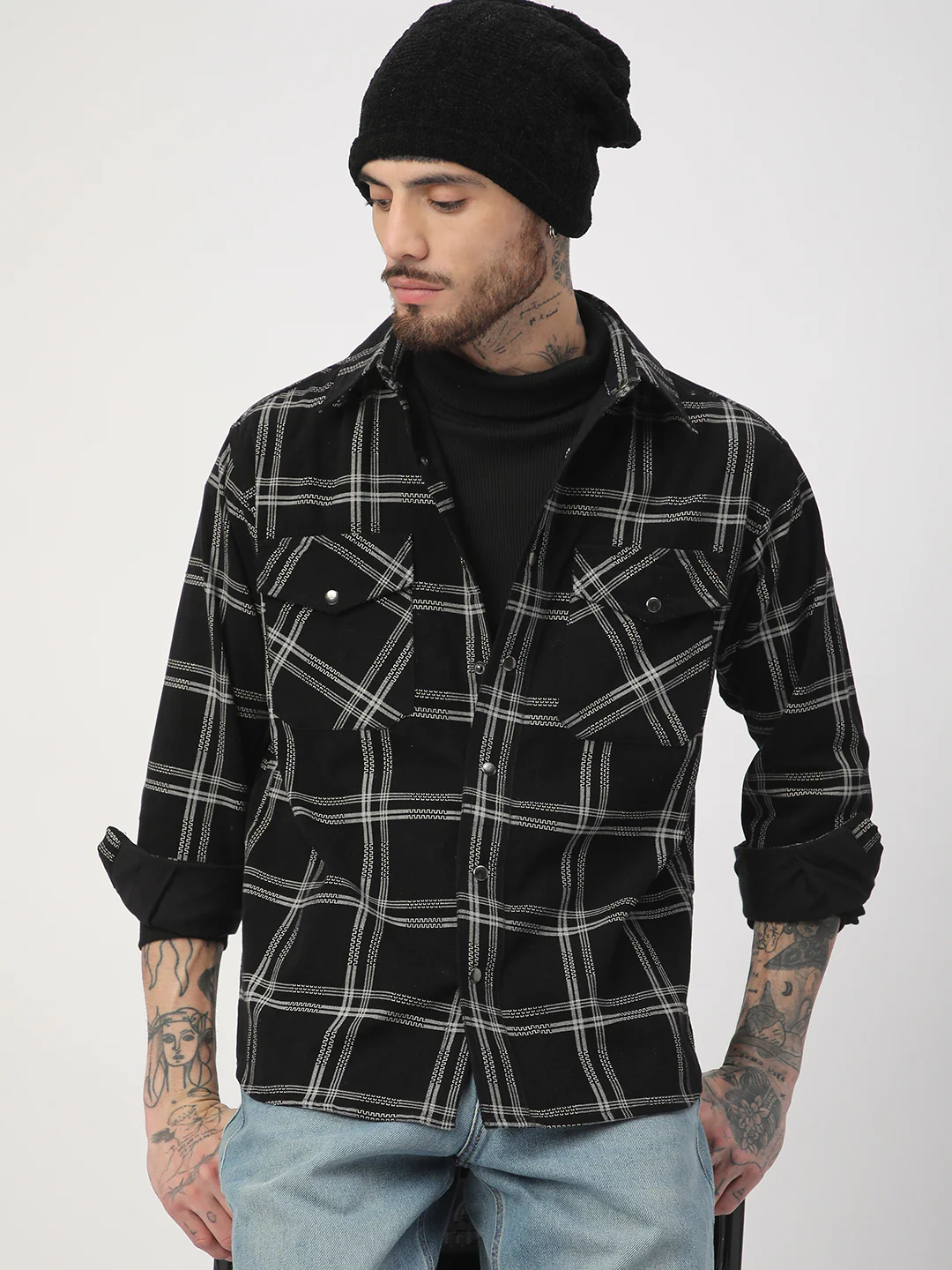 Elan Black Checks Double Flap Pocket Corduroy Overshirt - Image 4